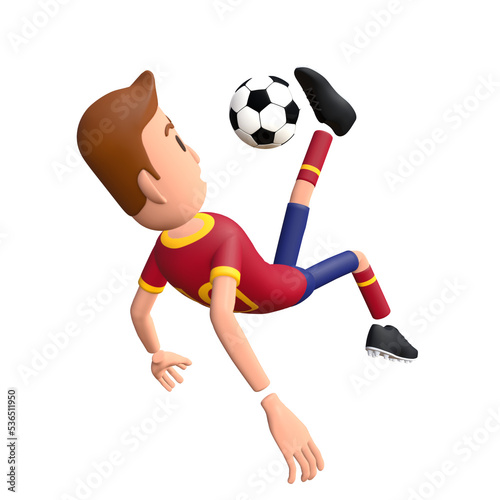 Football player do bicycle kick. Soccer player 3d character.