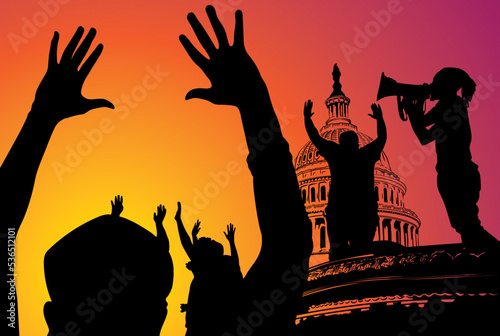 Crowd of people with loudspeaker flags banners mob fans. Applause of a cheerful people. Demonstration, manifestation, protest, strike, revolution. Silhouette background vector