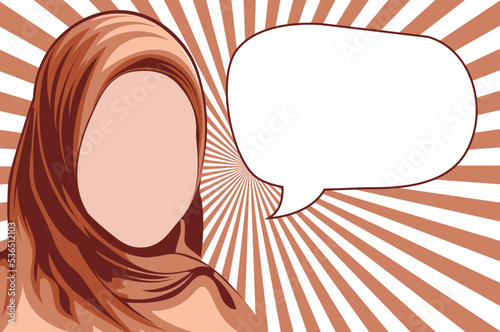 Iranian Muslim woman in hijab with speech bubble hand drawn vector cartoon illustration.