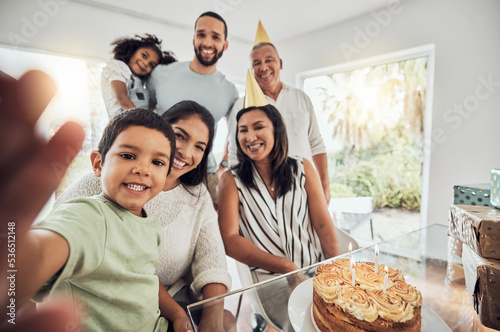 Happy birthday cake  selfie and big family celebration in home with portrait smile for memory or social media post. Puerto Rico people and children at grandparents retirement party with house dessert