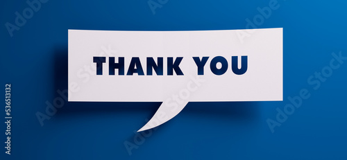 Speech bubble with the words thank you in front of a blue colored wall - 3D illustration