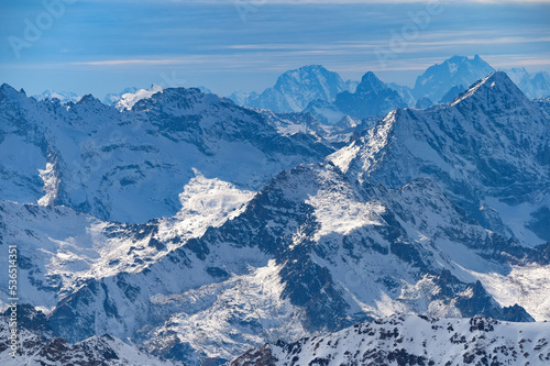 Winter mountain landscape with rocks and snow. Caucasus