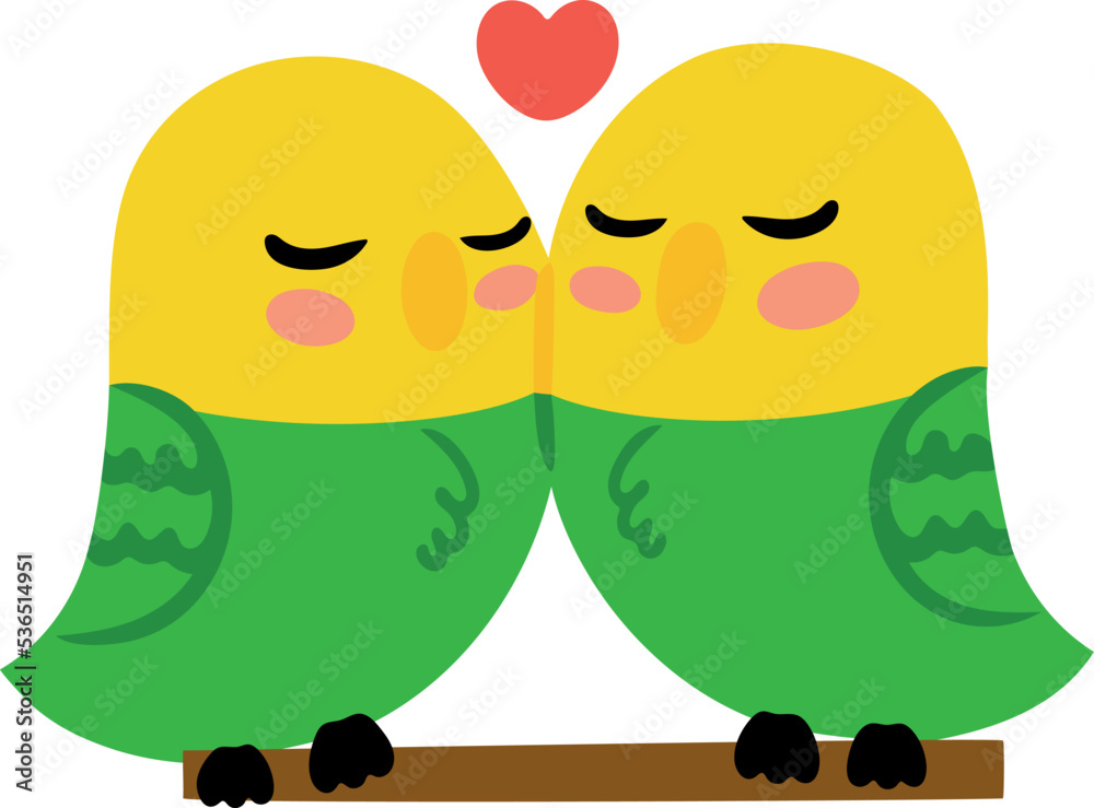 Fototapeta premium Concept of cute couple of budgies. Vector illustration. Kissing parrots. Flat. Image isolated on white background. Design element
