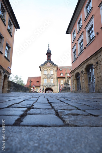 Bridge wheel house in Babmberg north Bavaria. Historical and special half-timbered building in the morning in Germany at the Regnitz river