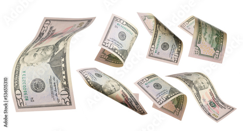 50 dollars flying on white background. USA banknotes at different angles. Front side