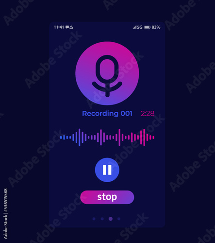 Audio recording app mobile ui, recorder design