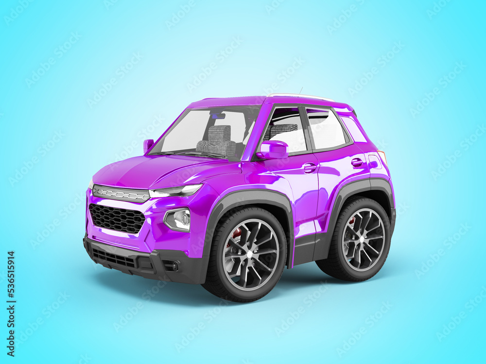 3d illustration of violet car front cartoon style on blue background with shadow
