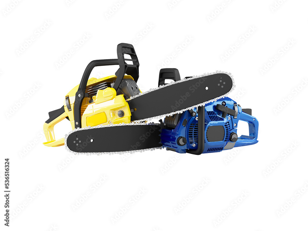 3D illustration of group of professional chainsaws on white background no shadow