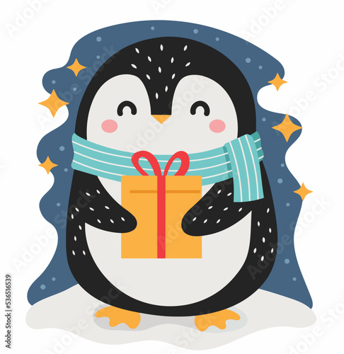 Christmas penguin with scarf holds beautiful gift. Christmas, New Holiday banner or poster

