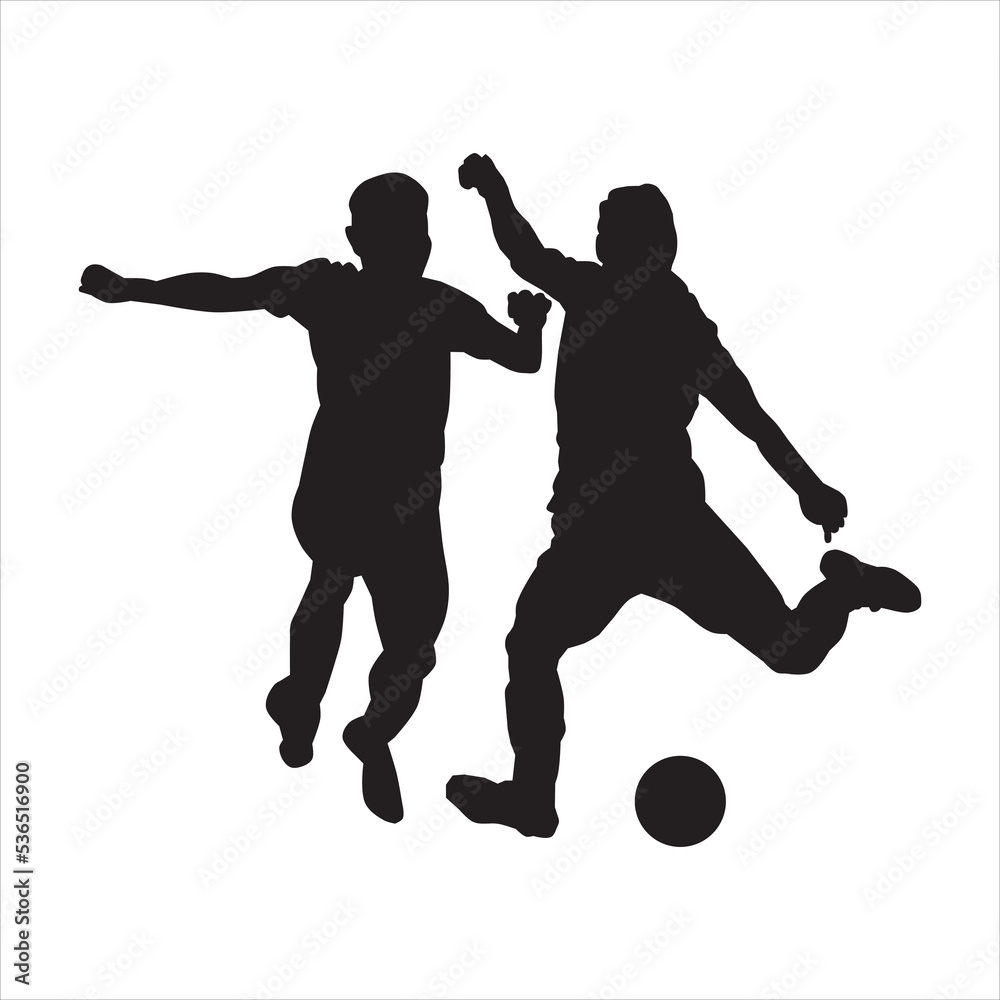 silhouette of two soccer players dueling on a green field. vector illustrations.