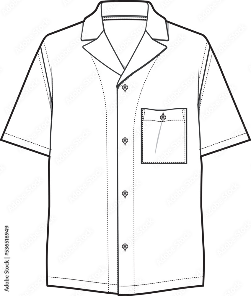Mens short sleeve resort shirt flat sketch illustration, Cuban collar ...