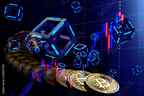 Gold bitcoins with blue illuminated black cubes and candle stick graph chart background. Concept 3D CG of new virtual money, mining or block chain technology and transactions network.
