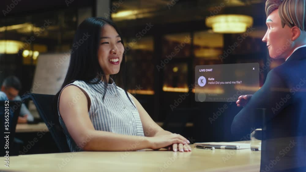 Online video call meeting chat virtual hologram communication of an asian woman with a 3d model of a cartoon character. Advanced technology. VFX. Virtual reality.