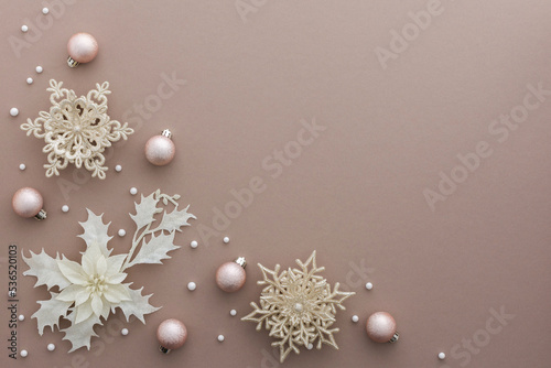 Christmas tree decorations and balls with snow on powdery background  Merry Christmas and Happy New Year concept  top view  copy space