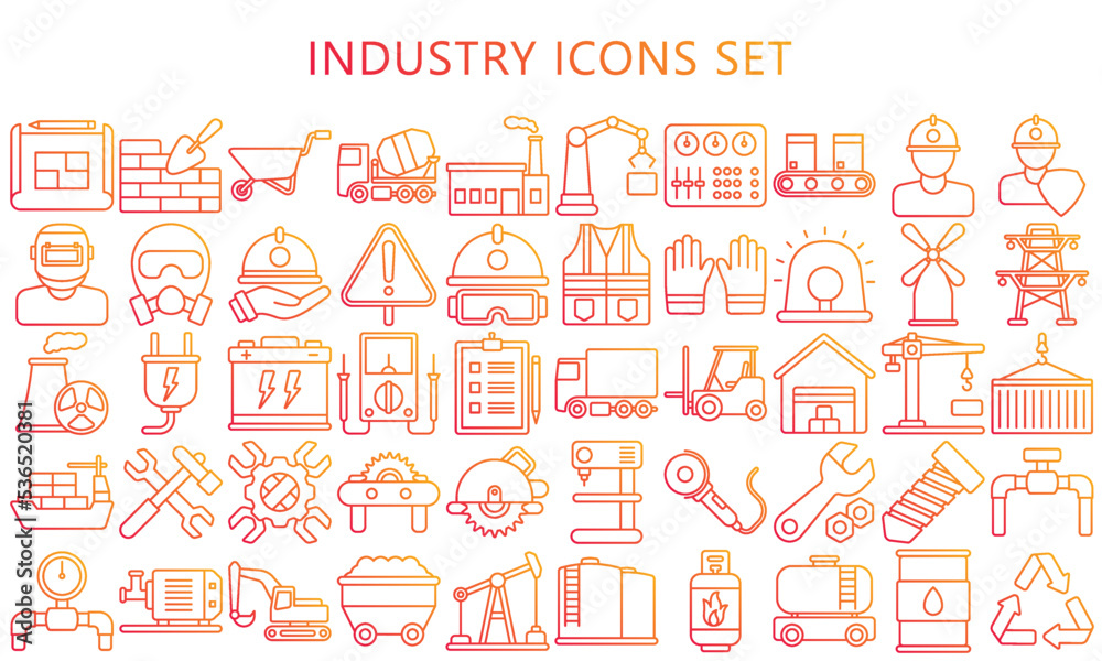 Industry icons set. energy, construction, production, manufacturing, power station, mine, warehouse and more. use for modern UI or UX kit, and app. vector EPS 10 ready convert to SVG.