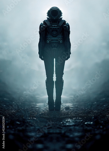 Lone woman in astronaut suit goes to adventure 3d illustrated 