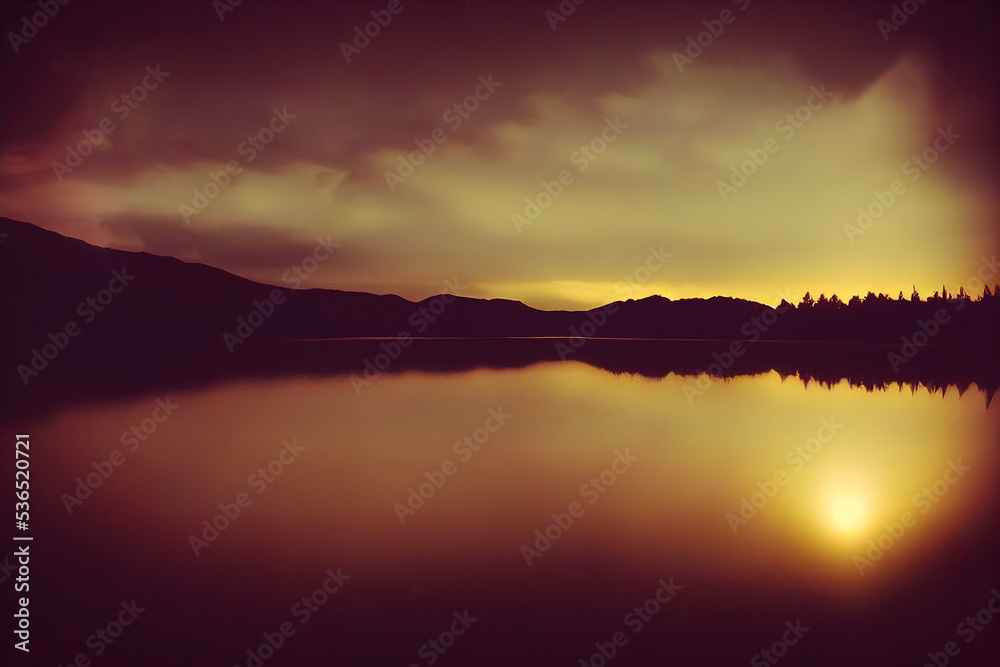 Obraz premium Sunset at sea with mountain view 3d illustrated 