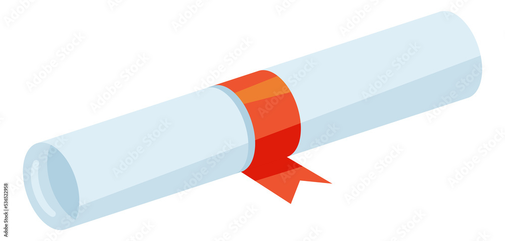 Paper scroll sealed with red ribbon. White rolled sheet Paper scroll sealed with red ribbon. White rolled sheet