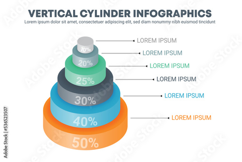 Vertical Cylinder Infographics Concept. 3D Round Pyramid for business financial report.