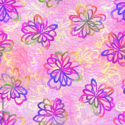 Hand drawn colorful flowers. Imitation embroidery. Seamless trendy pattern.