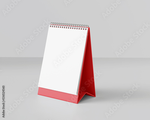 Portrait table calendar mockup with red stand isolated background. 3D Illustration.