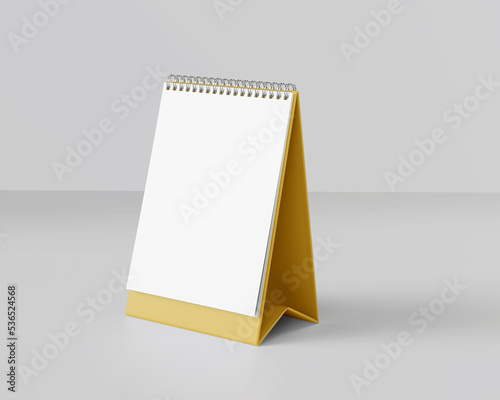 Portrait table calendar mockup with yellow stand isolated background. 3D Illustration.