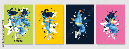 Set of postcards. Dancing people in a flat style. A poster for a music festival, performance, concert or party. Summer holliday, vacation, travel. Vector templates for card, poster, flyer, banner