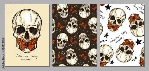 Seamless patterns with skulls and butterflies. Hand-drawn poster, sketch design. Art print. Creative background, wallpaper, fabric vector, illustration design
