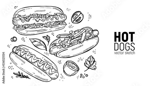 Set of street food. Fast food, hot dog, classic and with vegetables, sauce, ketchup. Hand drawing sketches