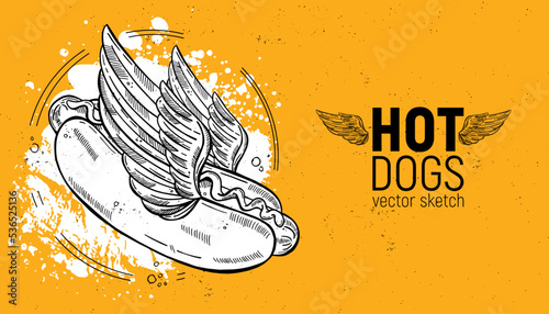 Hand-drawn hot dog with wings. Sketch, pencil, logo, retro style