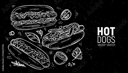 Set of street food. Fast food, hot dog, classic and with vegetables, sauce, ketchup. Hand drawing sketches