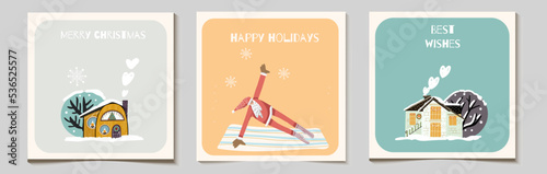 Christmas vector gift cards or tag set with funny Santa character exercising, doing exercise, with snow covered cute village houses, inscriptions of merry christmas, best wishes, happy holidays.