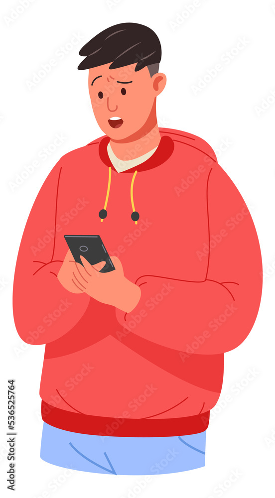 Young man looking at phone screen with emotional face expression Young man looking at phone screen with emotional face expression