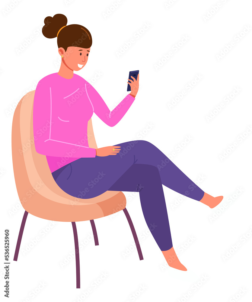 Smiling woman sit on chair and scrolling phone screen
