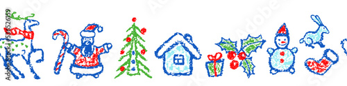 Seamless Christmas pattern or border like child hand drawing cartoon. Snowman, tree, deer, gift box, santa, hut. Crayon, pastel chalk, pencil kid painting flat funny doodle simple vector stroke