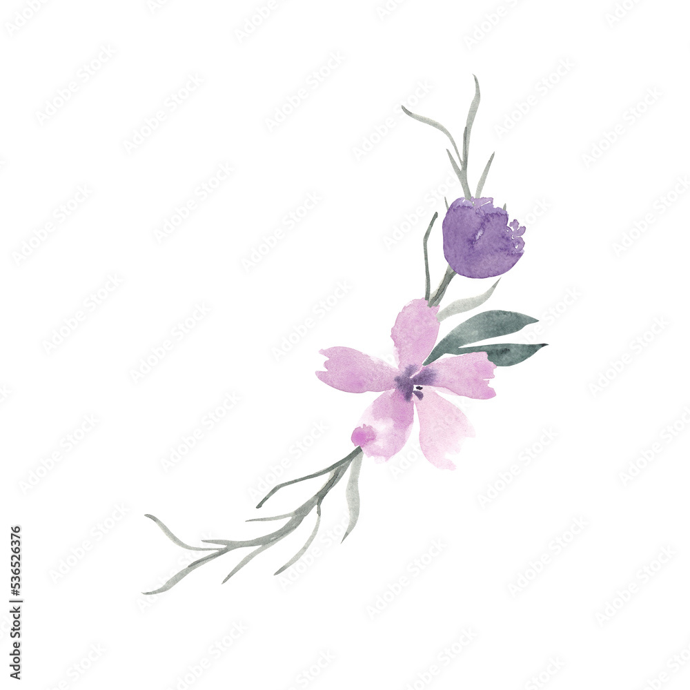 Mauve purple pink flowers with green leaves bouquet arrangement isolated on white background. Elegant hand-painted watercolor floral design clipart Mauve purple pink flowers with green leaves bouquet arrangement isolated on white background. Elegant hand-painted watercolor floral design clipart