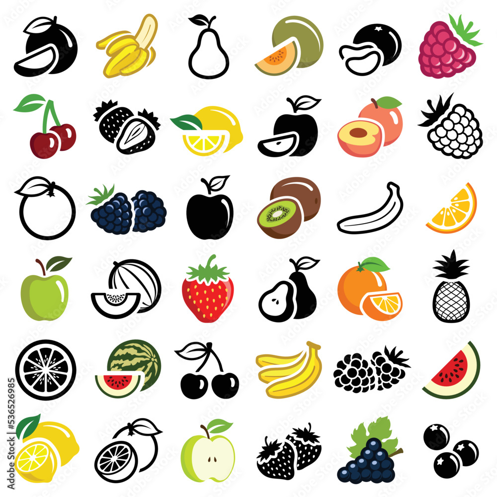 Sustainable healthy fruit icon collection - vector color and black and ...