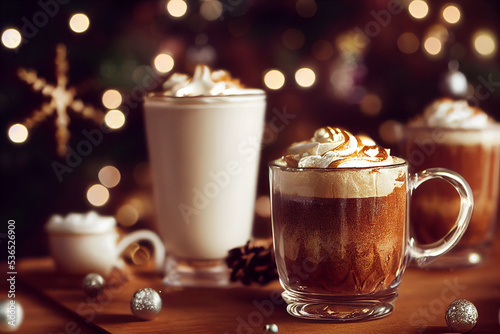 3d illustration of gingerbread latte, pumpkin spice latte, caramel latte, hot chocolate. Festive mood, decoration. Hot drinks. Thanksgiving, Halloween, Christmas. 