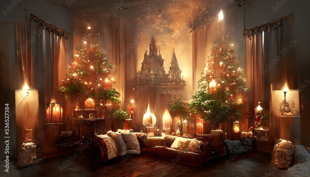 New Year's festive interior of a majestic palace, house, room. Festive Christmas interior with garlands and Christmas tree, Evening holiday lights. 3D render. Raster illustration.