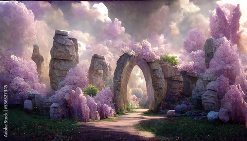 Fantasy landscape of a fairy garden with a stone arch and lilacs., lilac bushes, stone arch, portal, entrance, unreal world. 3d rendering. Raster illustration.