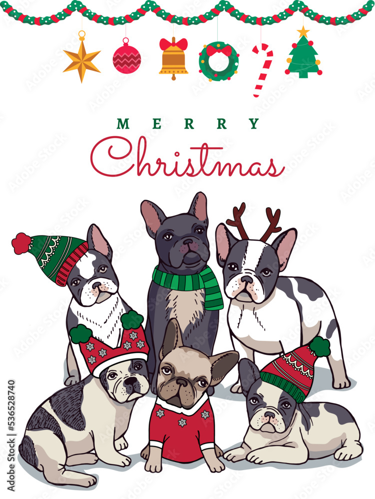 Merry Christmas poster with cute french bulldogs. Vector illustration. Greeting cards, minimal noel corporate design templates, t-shirts, souvenirs, invitation or flat icons background.