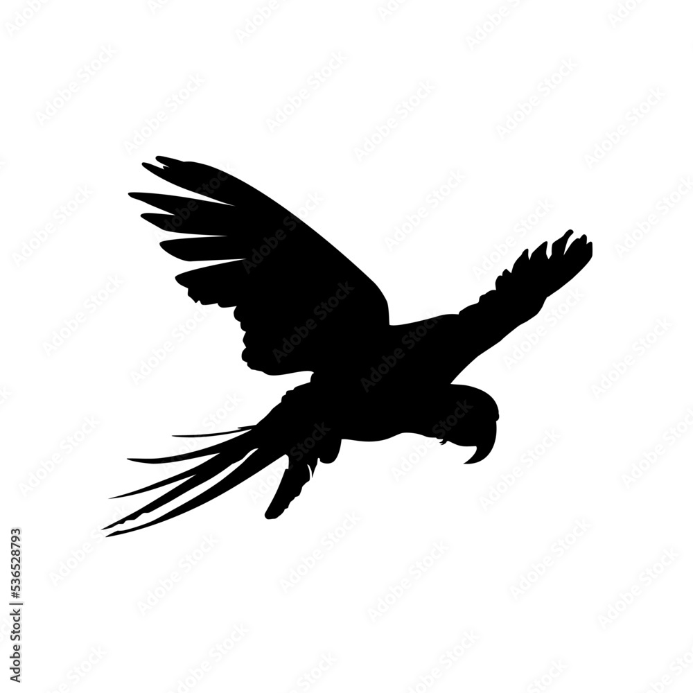 Flying Macaw Bird Silhouette for Logo, Pictogram, Art Illustration, Website or Graphic Design Element. Vector Illustration Flying Macaw Bird Silhouette for Logo, Pictogram, Art Illustration, Website or Graphic Design Element. Vector Illustration