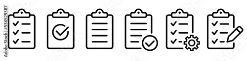Clipboard icon set. Checklist on the clipboard line icon with checkmarks, checklist, document, gear, pencil. Clipboard  outline icons. Checklist symbol. Editable stroke. Isolated. Vector illustration photo