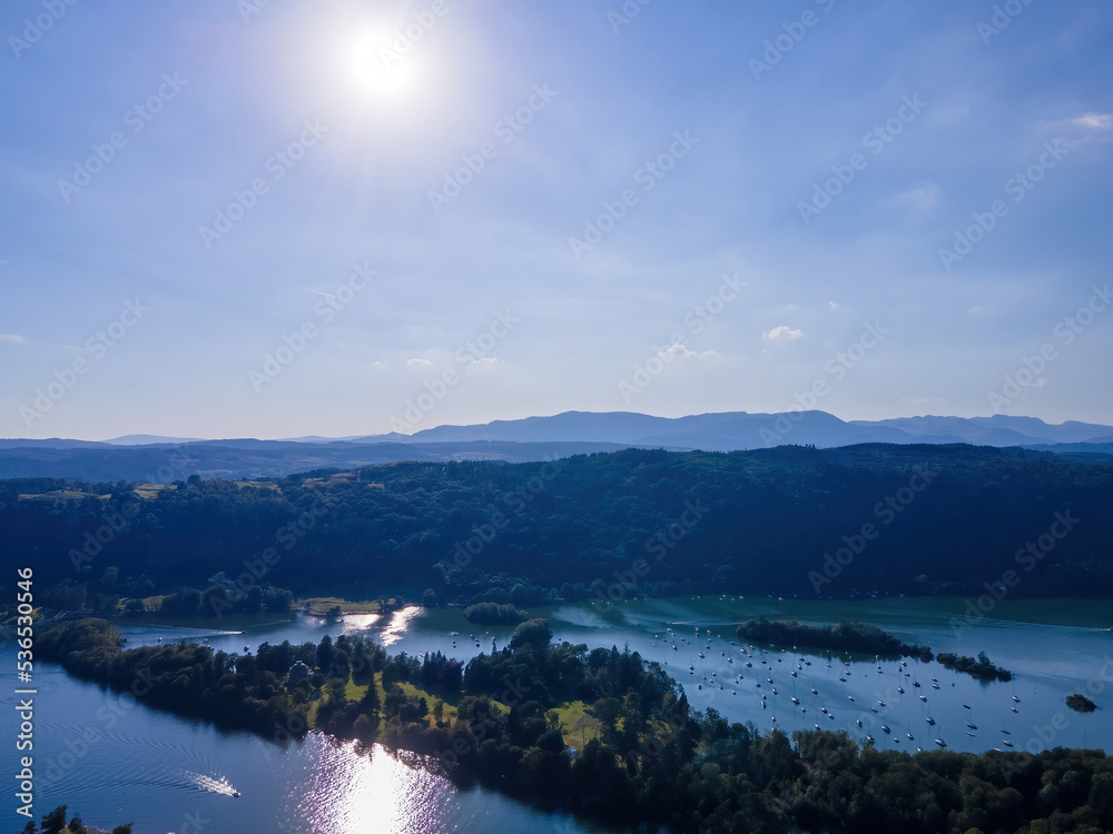 Aerial view of Windermere in Lake District, a region and national park in Cumbria in northwest England Aerial view of Windermere in Lake District, a region and national park in Cumbria in northwest England
