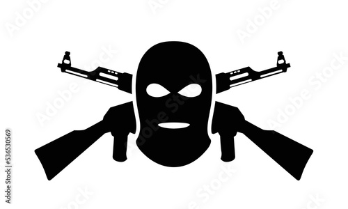 Terrorism vector sign, isolated on white background. Bandit mask black color illustration. Black balaclava and AK 47. Silhouette bad guy with gun. Shooter logo. Danger criminal clipart. Robber symbol photo