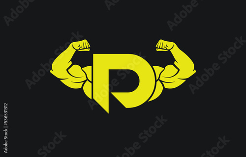 Fitness Gym logo with letter D, bicep flex logo, design, vector, emblem.