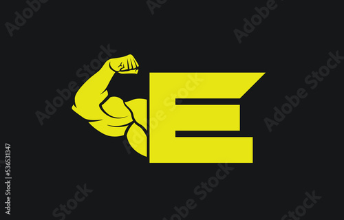 Fitness Gym logo with letter E, bicep flex logo, vector, design, emblem, icon