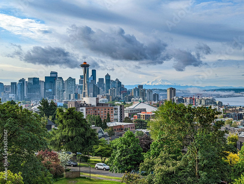 Seattle Washington Skyline with Clouds and Mt Rainier