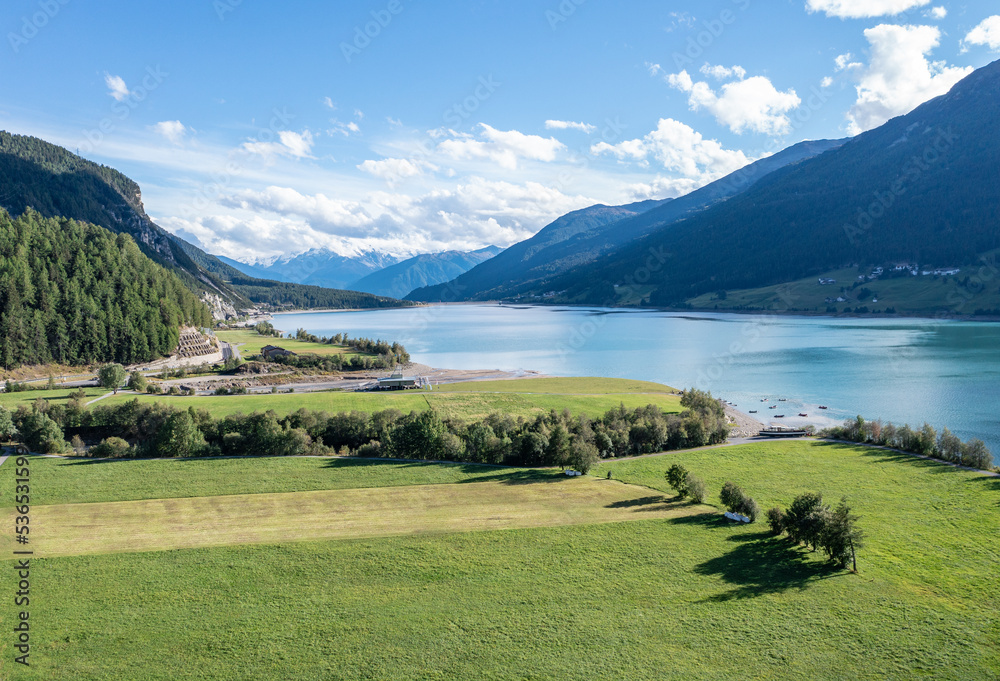 drone flight over Lake Reschensee in South Tyrol