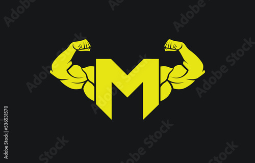 Fitness Gym logo with letter M, bicep flex logo, design, vector, emblem.
